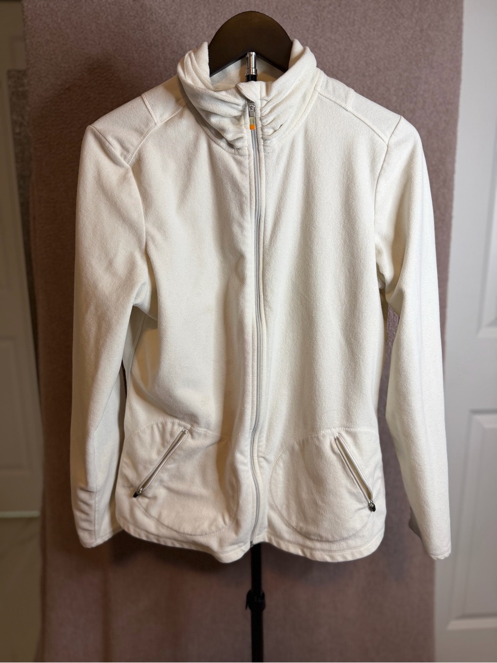 Lucy Women’s L Ivory Full Zip Athletic Jacket Ruched Collar Peplum